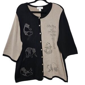CJBanks Panda Bear Knit Cardigan Y2K Whimsical Animal Art Sweater 1X Cottagecore